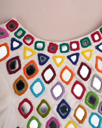 Close-up of multi color mirror work handmade blouse neckline embroidery — Chandrikas