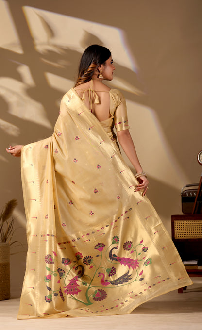 Woman draping mustard yellow Banarasi-Paithani zari pallu cotton saree showing peacock motif — Chandrikas