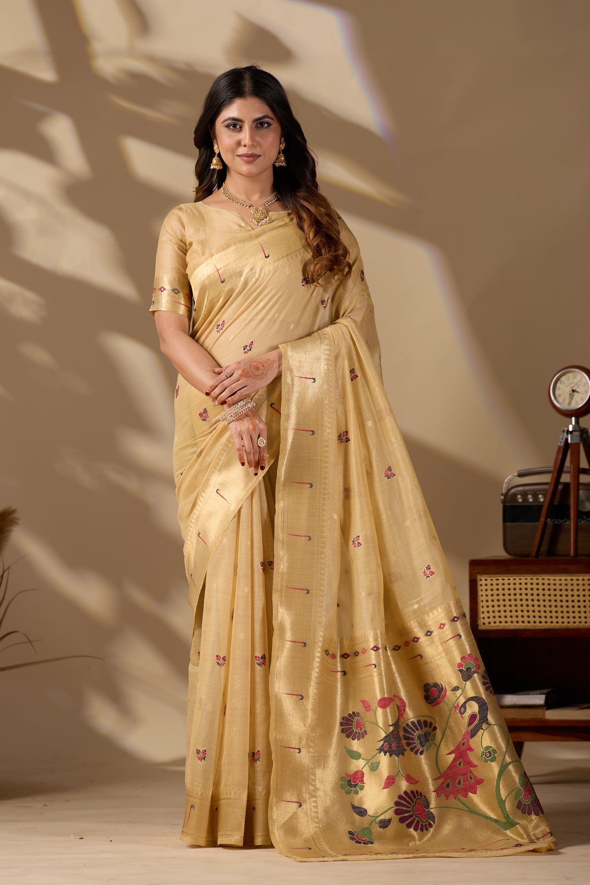 Woman in front pose wearing mustard yellow Banarasi-Paithani zari pallu cotton saree — Chandrikas