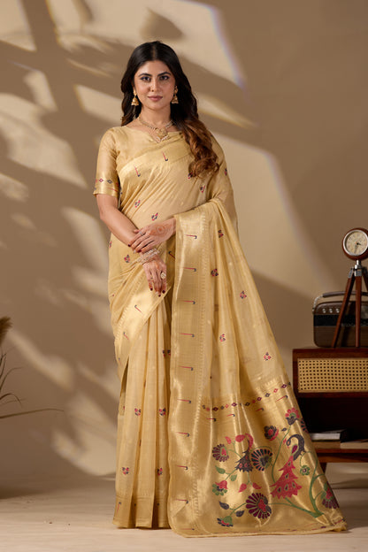 Woman in front pose wearing mustard yellow Banarasi-Paithani zari pallu cotton saree — Chandrikas