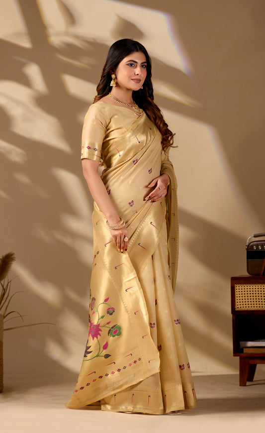 Woman in standing pose wearing mustard yellow Banarasi-Paithani zari pallu cotton saree — Chandrikas