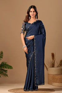 Navy Blue Floral Embroidered Border Designer Tesla Saree