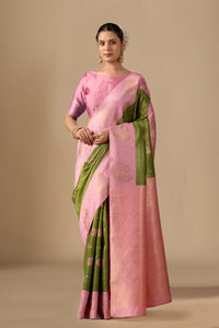 Olive Gold Pink Silk Matka Motif Border Saree