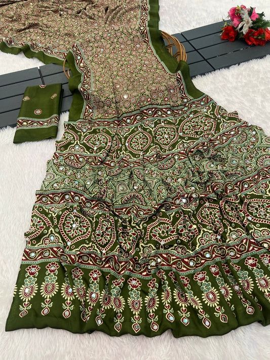 Olive green Ajrakh print Italian crepe saree with mirror work border and matching blouse piece — Chandrikas