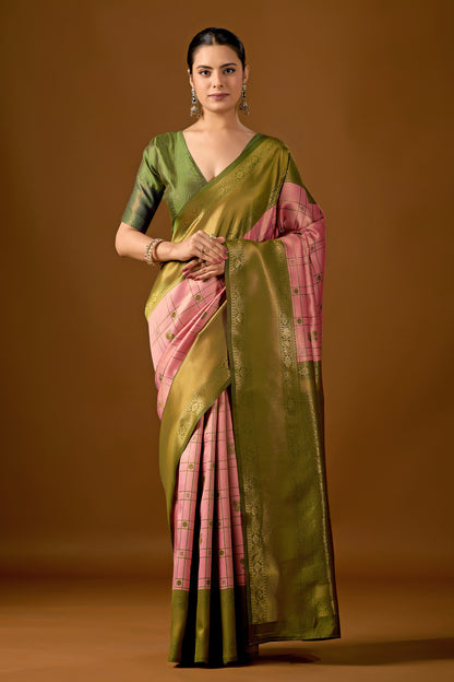 Woman in front pose wearing pastel pink olive green Banarasi silk checks pattern saree — Chandrikas