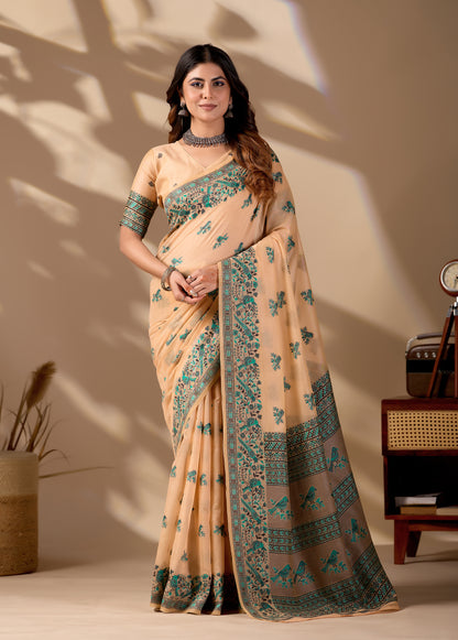 Woman in front pose wearing peach Banarasi cotton jacquard bird buttis saree — Chandrikas