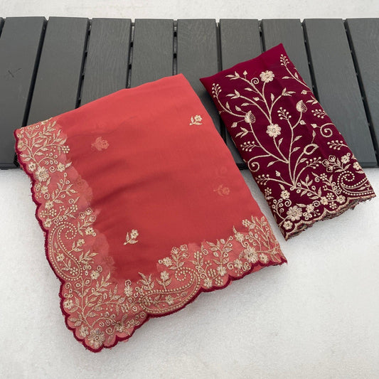 Peach coral Georgette saree flatlay with floral embroidered border and matching blouse — Chandrikas