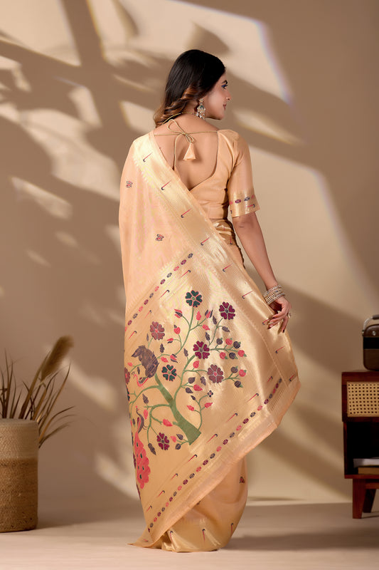 Woman in back pose wearing peach gold Banarasi-Paithani fusion cotton saree — Chandrikas