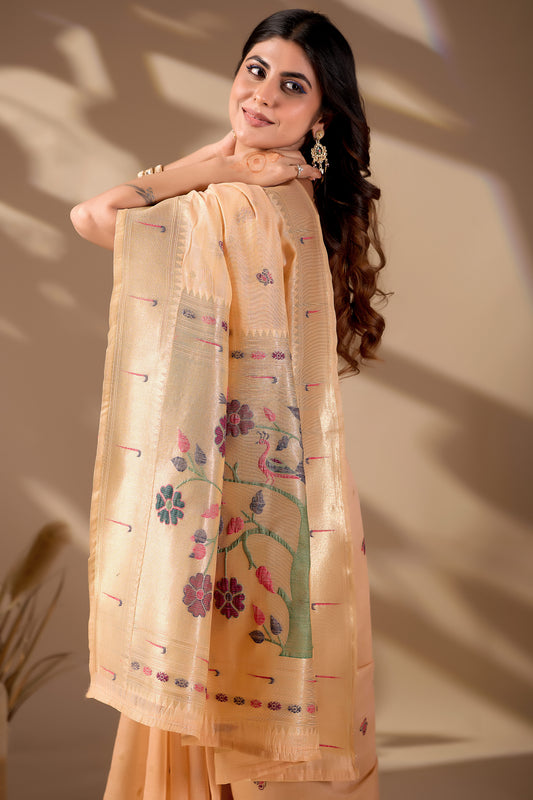 Woman draping peach gold Banarasi-Paithani fusion cotton saree pallu — Chandrikas
