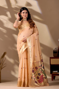 Peach Gold Banarasi-Paithani Fusion Jacquard Cotton Saree