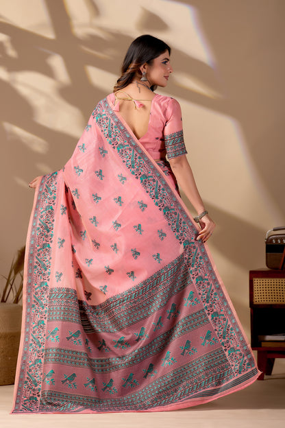 Woman draping pink Banarasi cotton jacquard bird buttis saree showing pallu motif — Chandrikas