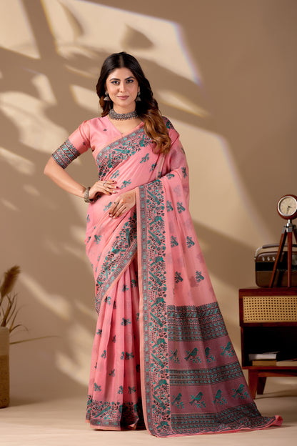 Woman in front pose wearing pink Banarasi cotton jacquard bird buttis saree — Chandrikas