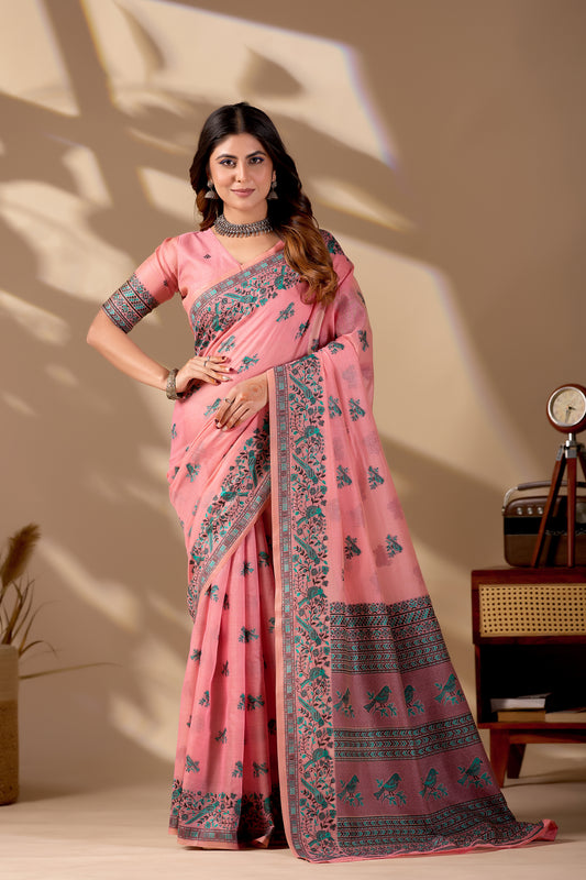 Woman in front pose wearing pink Banarasi cotton jacquard bird buttis saree — Chandrikas
