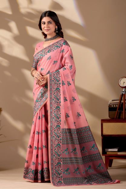 Woman in standing pose wearing pink Banarasi cotton jacquard bird buttis saree — Chandrikas