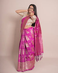 Model posing in Pink Banarasi soft silk paisley border zari pallu saree, front view with zari pallu — Chandrikas