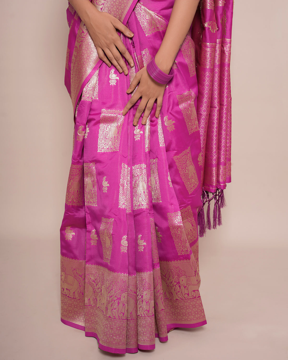 Lower view of Pink Banarasi soft silk paisley border zari pallu saree showing pleats and zari buti — Chandrikas