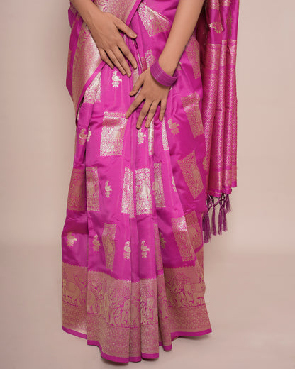Lower view of Pink Banarasi soft silk paisley border zari pallu saree showing pleats and zari buti — Chandrikas