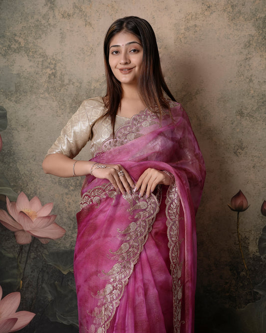 Woman in close pose wearing pink magenta double shade tissue crush Jharkan border saree — Chandrikas
