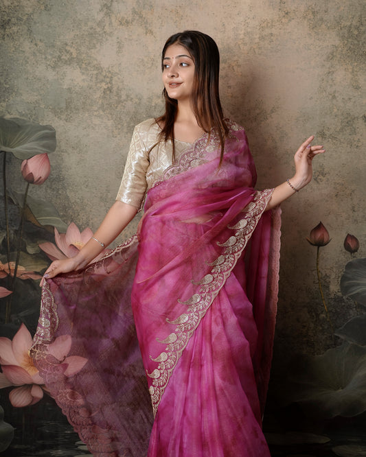 Woman draping pink magenta double shade tissue crush saree showing Jharkan border — Chandrikas