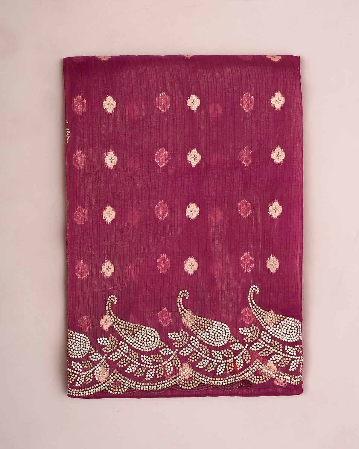 Folded pink magenta tissue crush saree fabric with Jharkan work and butti print — Chandrikas