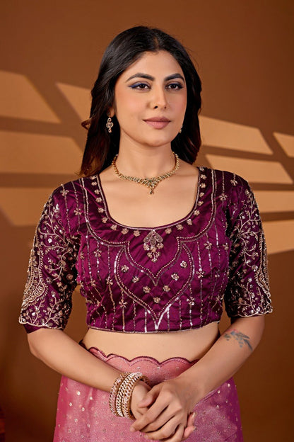 Closeup of pink rose sequin embroidered blouse piece paired with chiffon silk saree — Chandrikas