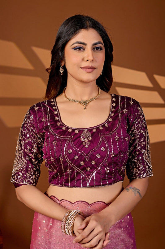 Closeup of pink rose sequin embroidered blouse piece paired with chiffon silk saree — Chandrikas