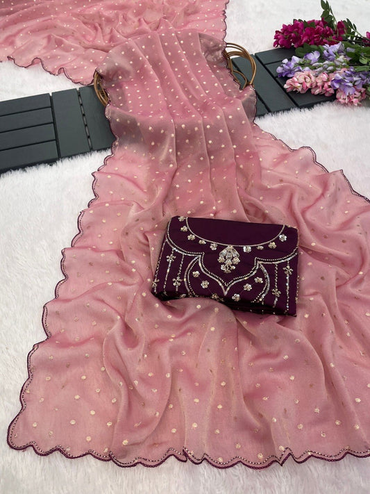 Pink rose sequin work chiffon silk saree flatlay with embroidered clutch — Chandrikas