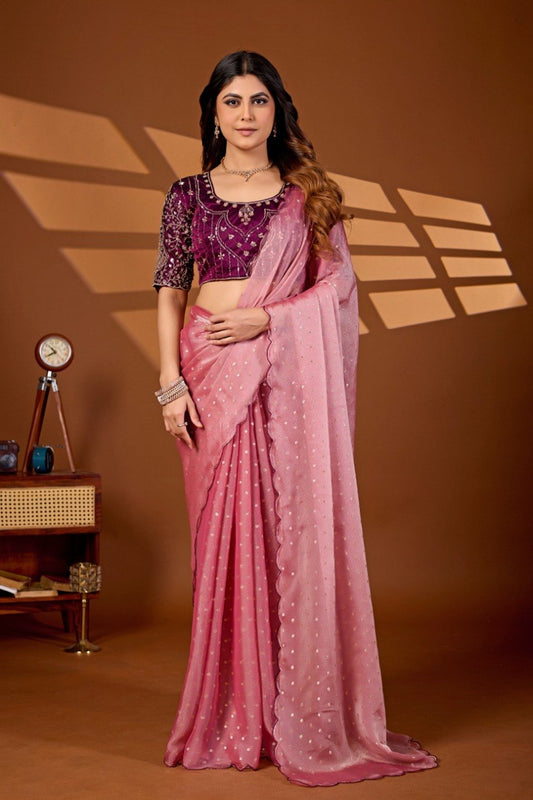 Woman wearing a pink rose sequin work chiffon silk saree with embroidered blouse — Chandrikas