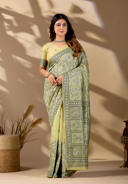 Woman in front pose wearing pista green Banarasi cotton jacquard jaal saree — Chandrikas