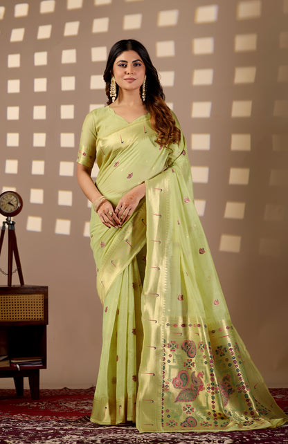 Woman in front pose wearing pista green Banarasi-Paithani Meenakari cotton saree — Chandrikas