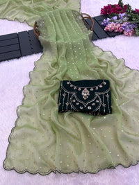 Pista Green Sequin Work Chiffon Silk Saree
