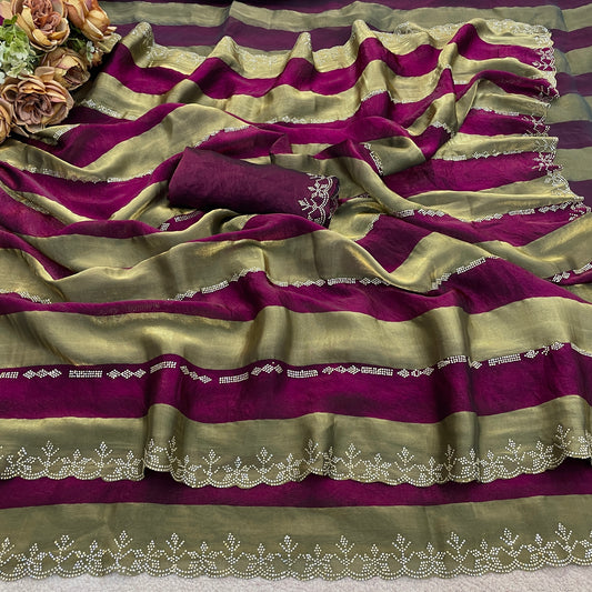 Magenta purple striped satin patta saree flatlay with golden border and embellished edge — Chandrikas