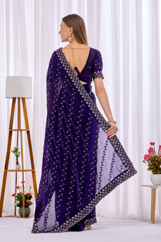 Back view of Purple satin floral thread work designer border saree with pallu and blouse — Chandrikas