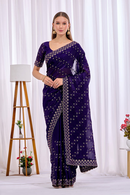 Full length front look of Purple satin floral thread work designer border saree draped on model — Chandrikas