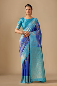 Purple Sky Blue Silk Matka Motif Border Saree