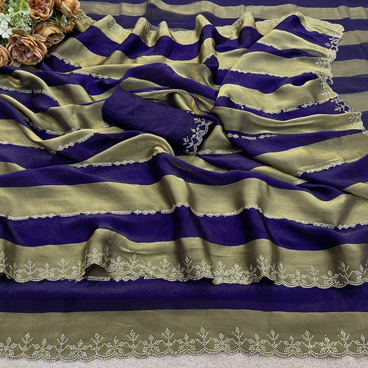 Royal purple striped satin patta saree flatlay with golden border and blouse — Chandrikas