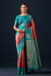 Rama Green Orange Silk Matka Motif Border Saree