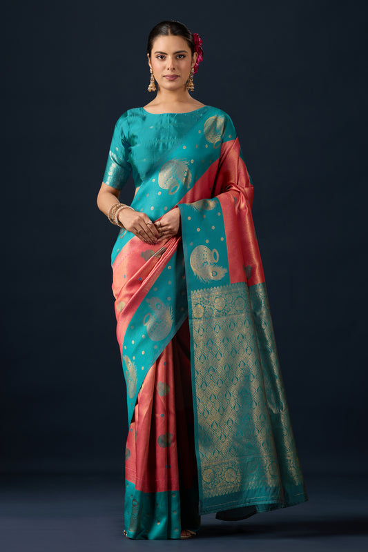 Woman in front pose wearing rama green orange silk matka motif border saree — Chandrikas