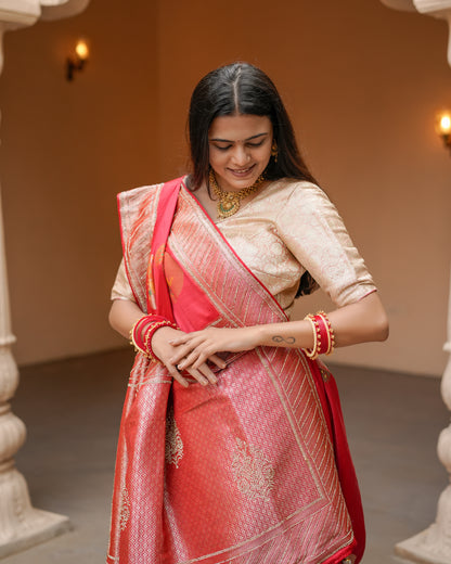 Woman in close pose wearing red Banarasi silk Jharkan work diamond jaal saree — Chandrikas