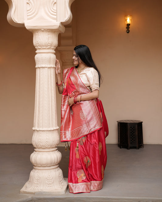 Woman in front pose wearing red Banarasi silk Jharkan work diamond jaal saree — Chandrikas