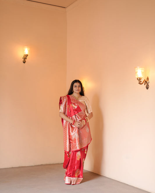 Woman in standing pose wearing red Banarasi silk Jharkan work diamond jaal saree — Chandrikas