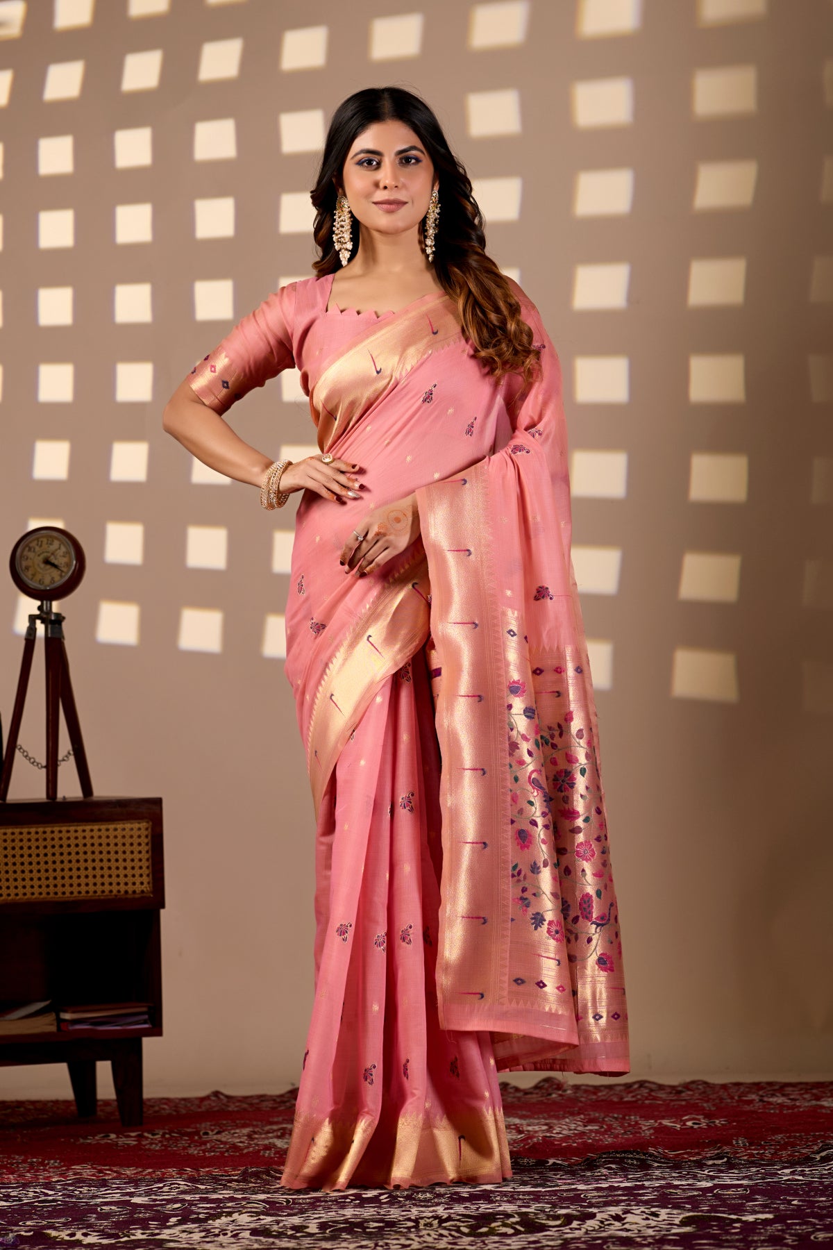 Woman in front pose wearing rose pink Banarasi-Paithani Meenakari cotton zari pallu saree — Chandrikas