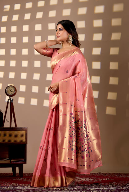Woman in standing pose wearing rose pink Banarasi-Paithani Meenakari cotton zari pallu saree — Chandrikas
