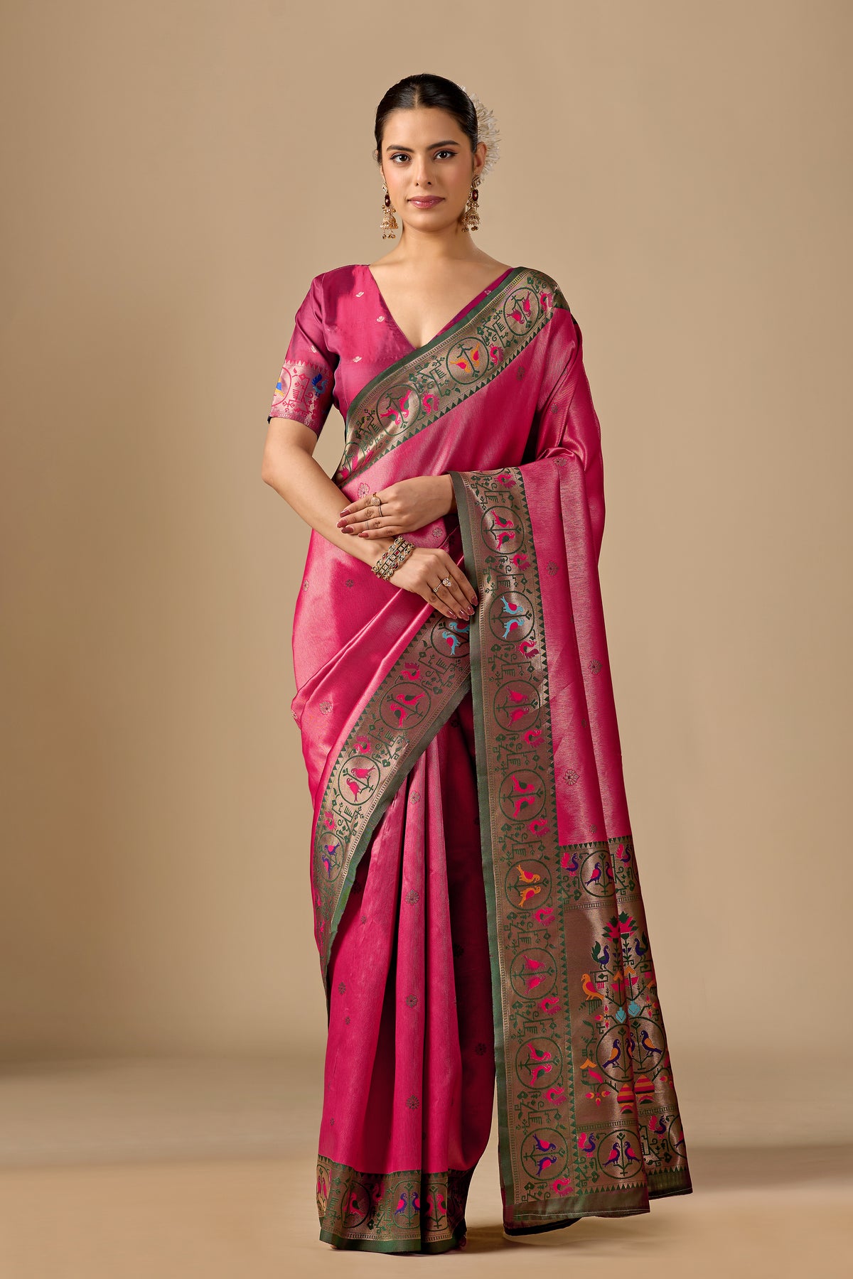Woman in front pose wearing rose pink Paithani silk bird border pallu saree — Chandrikas