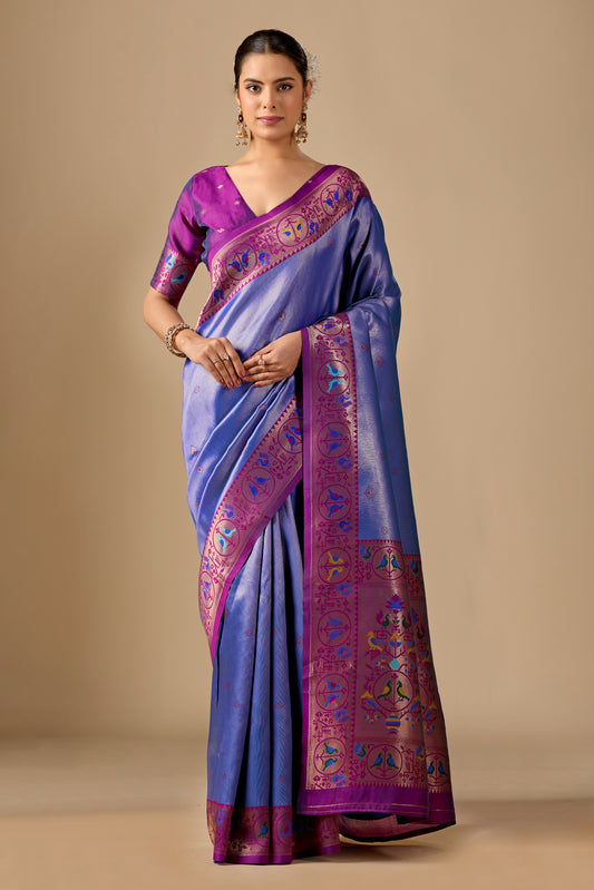 Woman in front pose wearing royal blue Paithani silk bird border pallu saree — Chandrikas