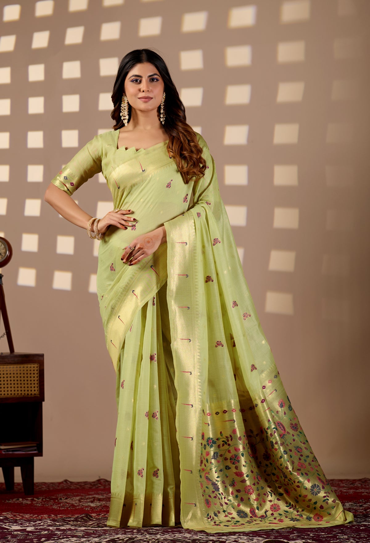 Woman in front pose wearing sea green Banarasi-Paithani Meenakari cotton zari pallu saree — Chandrikas