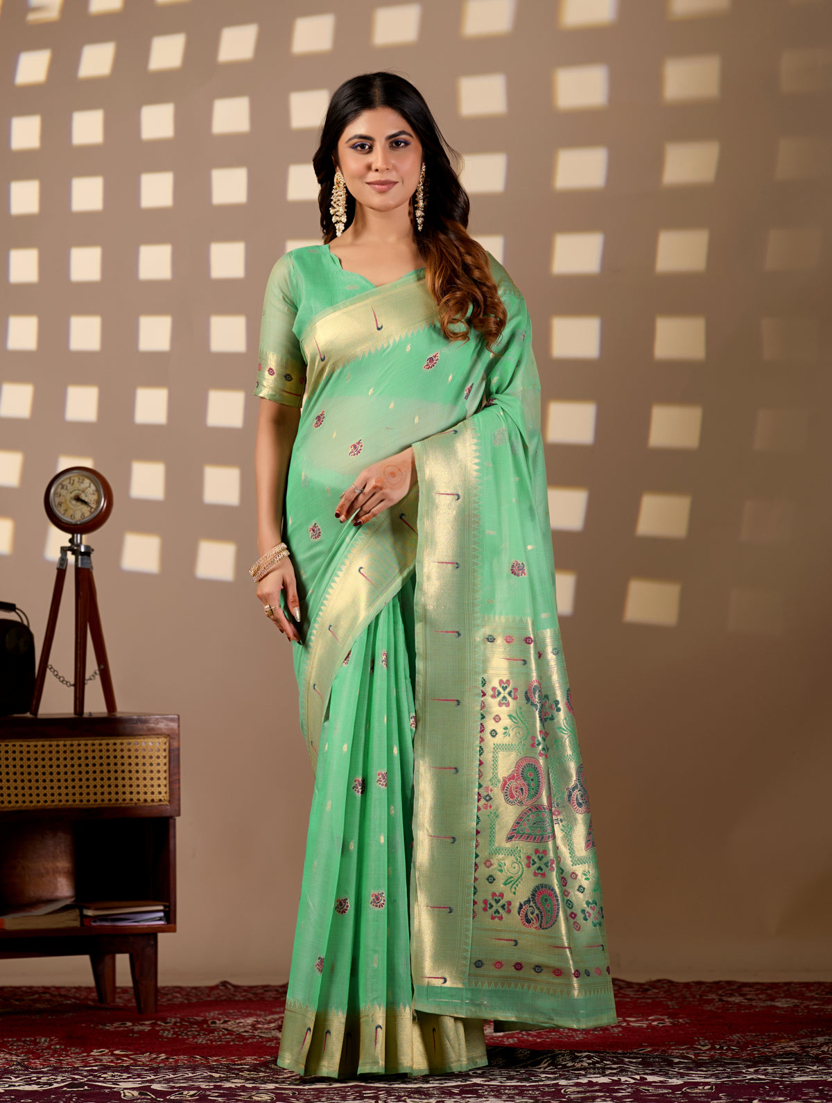 Woman in front pose wearing sea green Banarasi-Paithani Meenakari cotton saree — Chandrikas