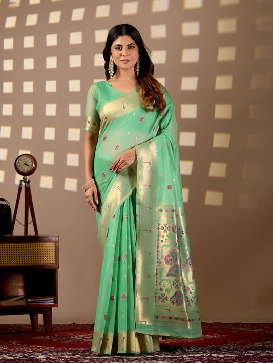 Woman in front pose wearing sea green Banarasi-Paithani Meenakari cotton saree — Chandrikas