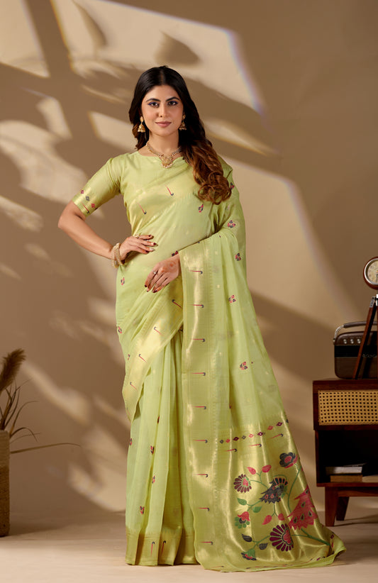 Woman in front pose wearing sea green Banarasi-Paithani zari pallu cotton saree — Chandrikas