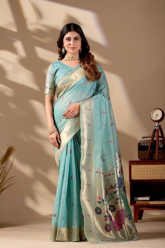 Woman in front pose wearing sky blue Banarasi-Paithani fusion cotton saree — Chandrikas